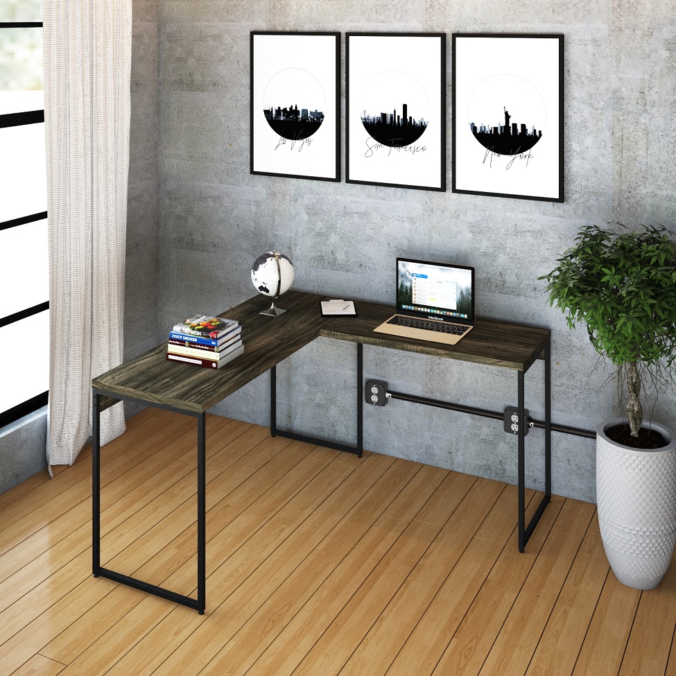 Mesa de Escritório em L Studio Carvalho Dark e Preta 135x140 cm
