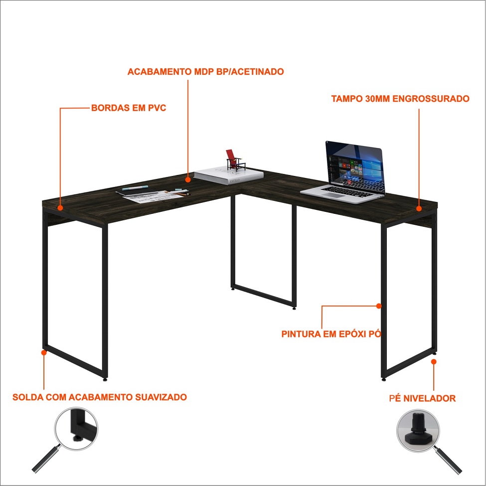 Mesa de Escritório em L Studio Carvalho Dark e Preta 135x140 cm