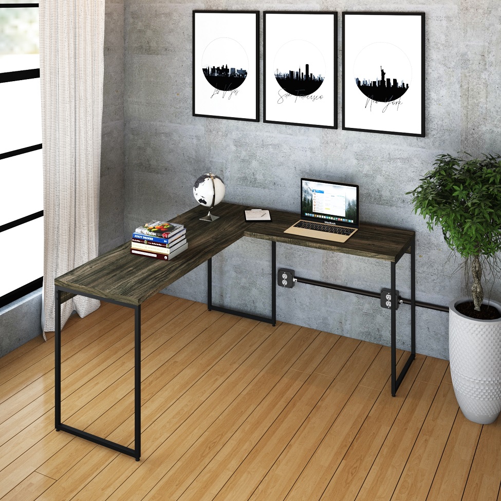 Mesa de Escritório em L Studio Carvalho Dark e Preta 150x140 cm