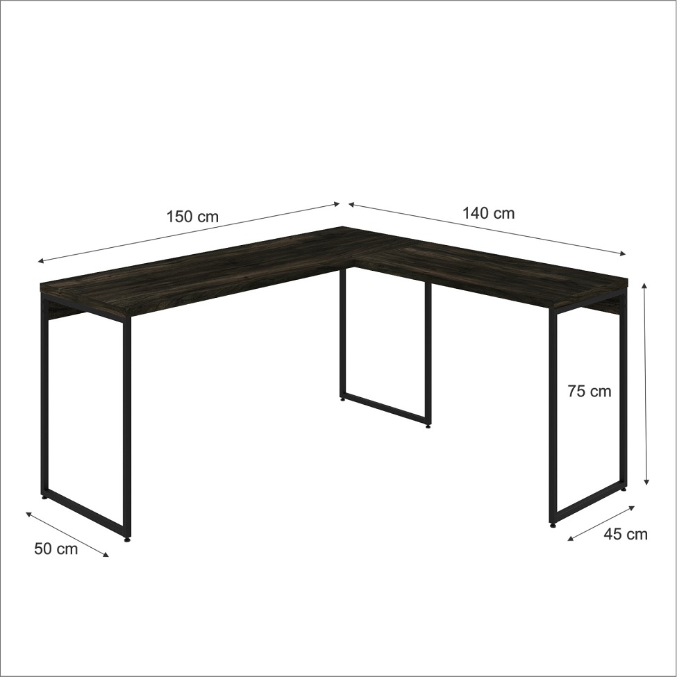 Mesa de Escritório em L Studio Carvalho Dark e Preta 150x140 cm