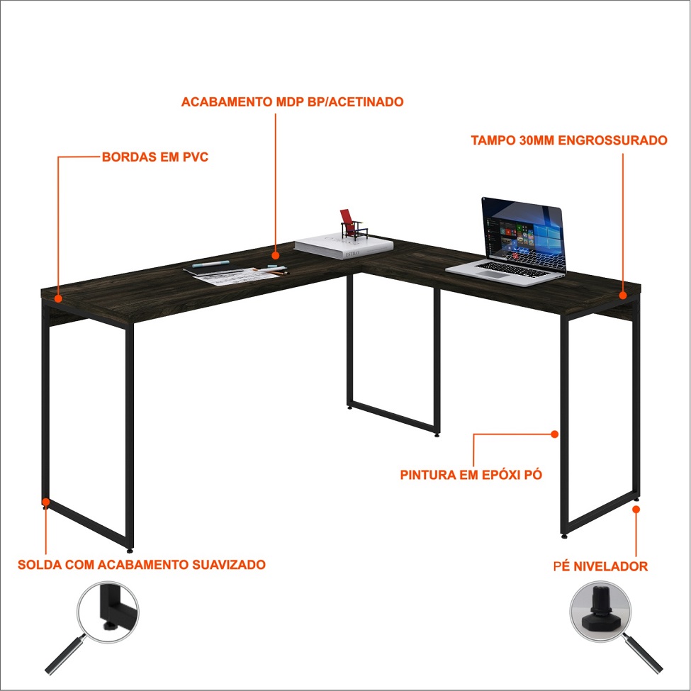Mesa de Escritório em L Studio Carvalho Dark e Preta 150x140 cm