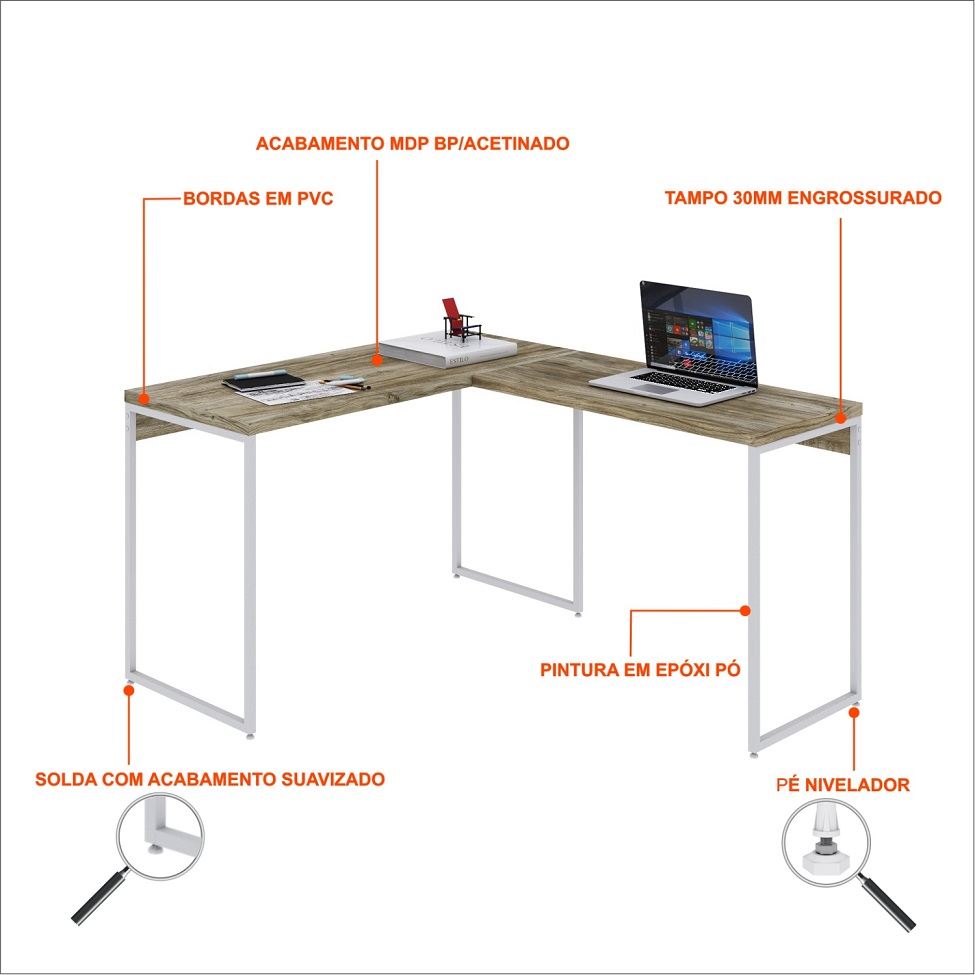 Mesa de Escritório em L Studio Carvalho e Branca 120x140 cm