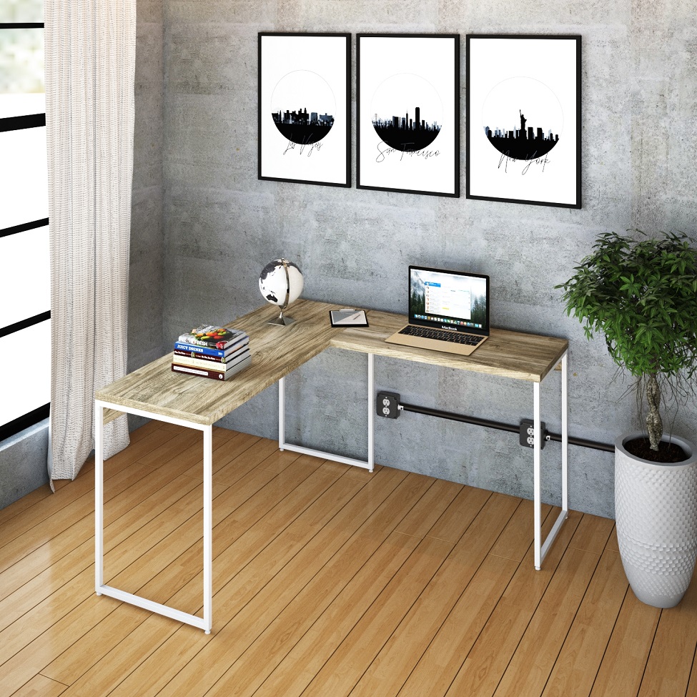 Mesa de Escritório em L Studio Carvalho e Branca 135x140 cm