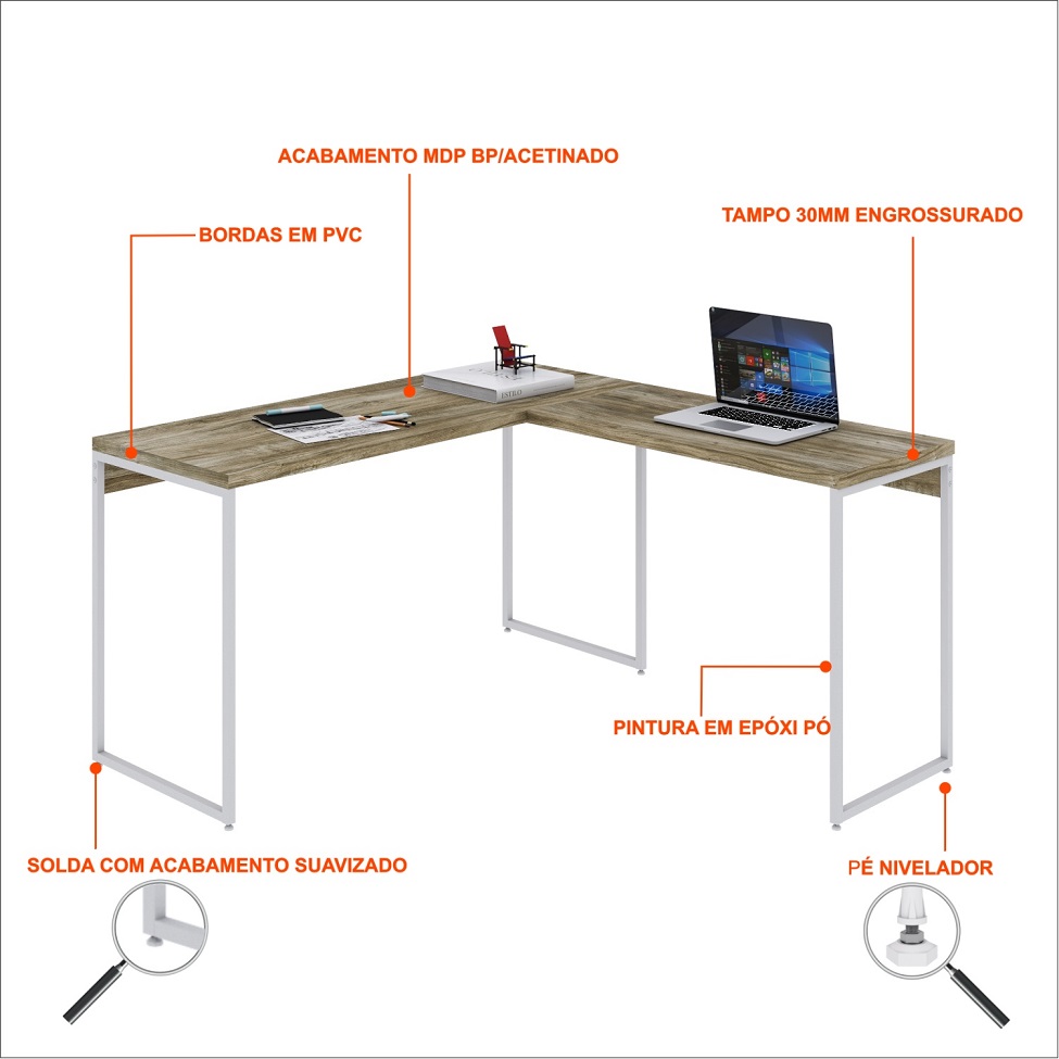 Mesa de Escritório em L Studio Carvalho e Branca 135x140 cm