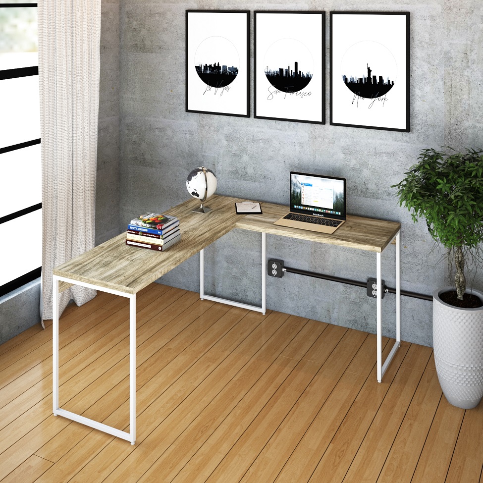 Mesa de Escritório em L Studio Carvalho e Branca 150x140 cm