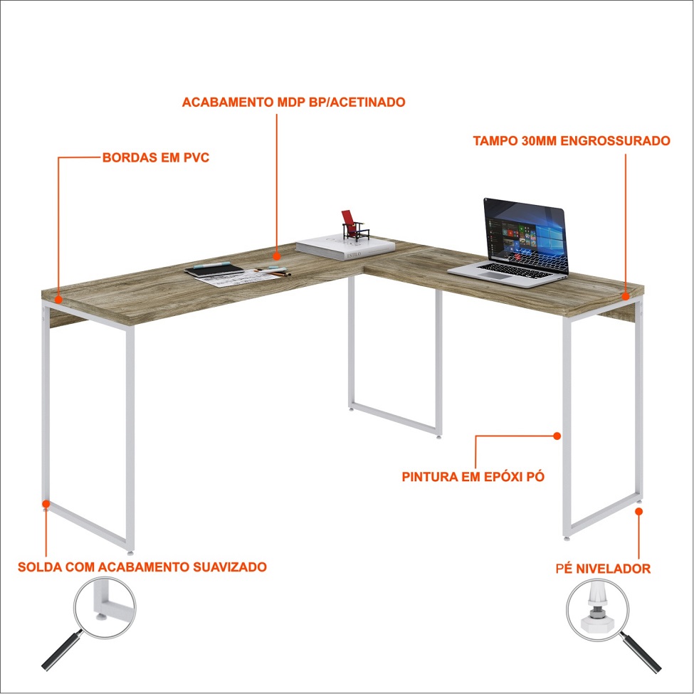 Mesa de Escritório em L Studio Carvalho e Branca 150x140 cm