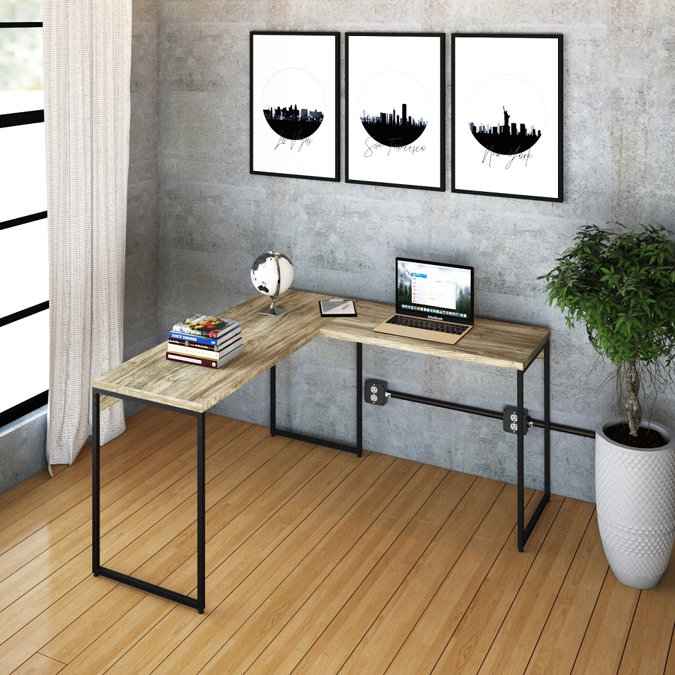 Mesa de Escritório em L Studio Carvalho e Preta 135x140 cm