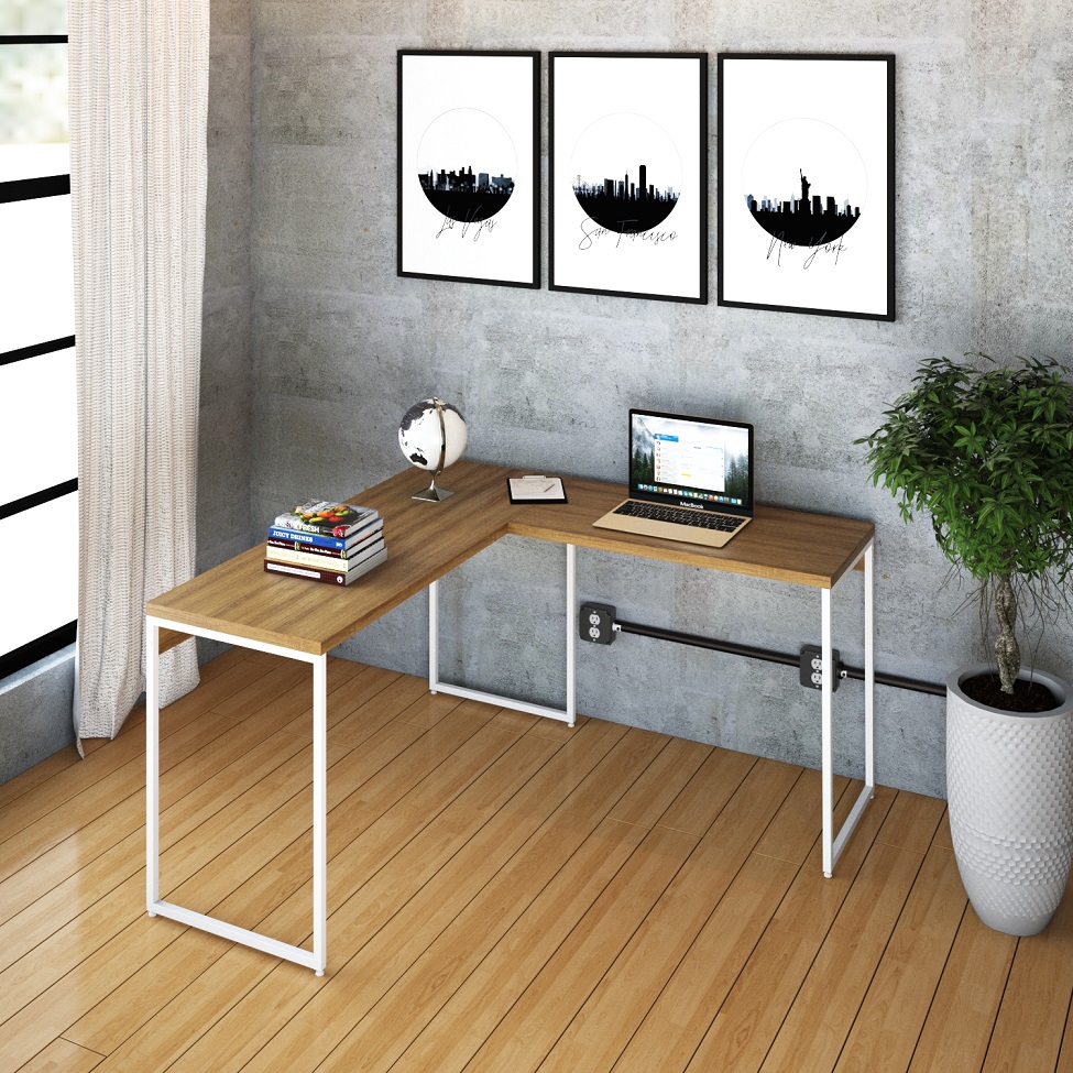 Mesa de Escritório em L Studio Mel e Branca 135x140 cm
