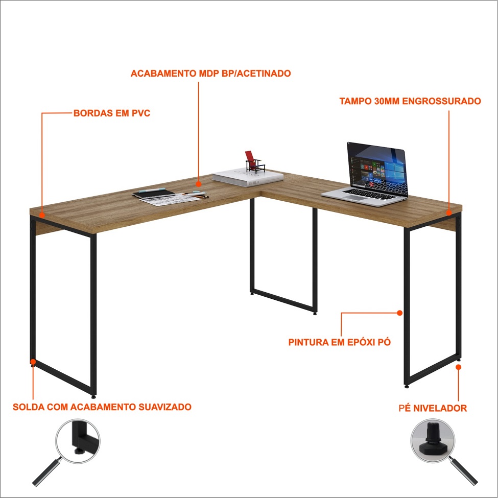 Mesa de Escritório em L Studio Mel e Preta 150x140 cm