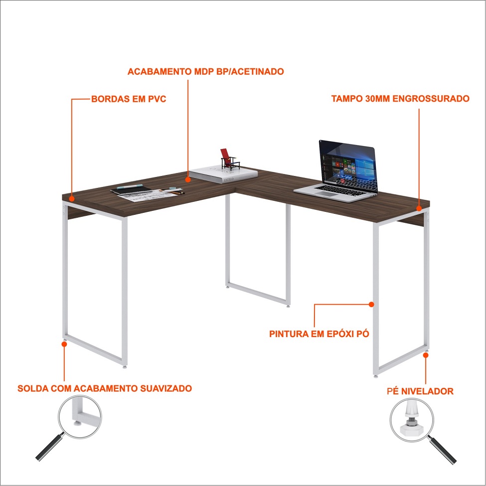 Mesa de Escritório em L Studio Nogal e Branca 120x140 cm
