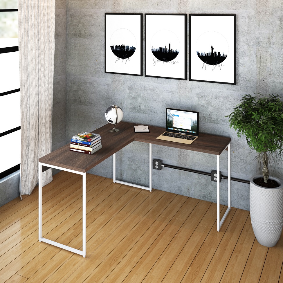 Mesa de Escritório em L Studio Nogal e Branca 135x140 cm