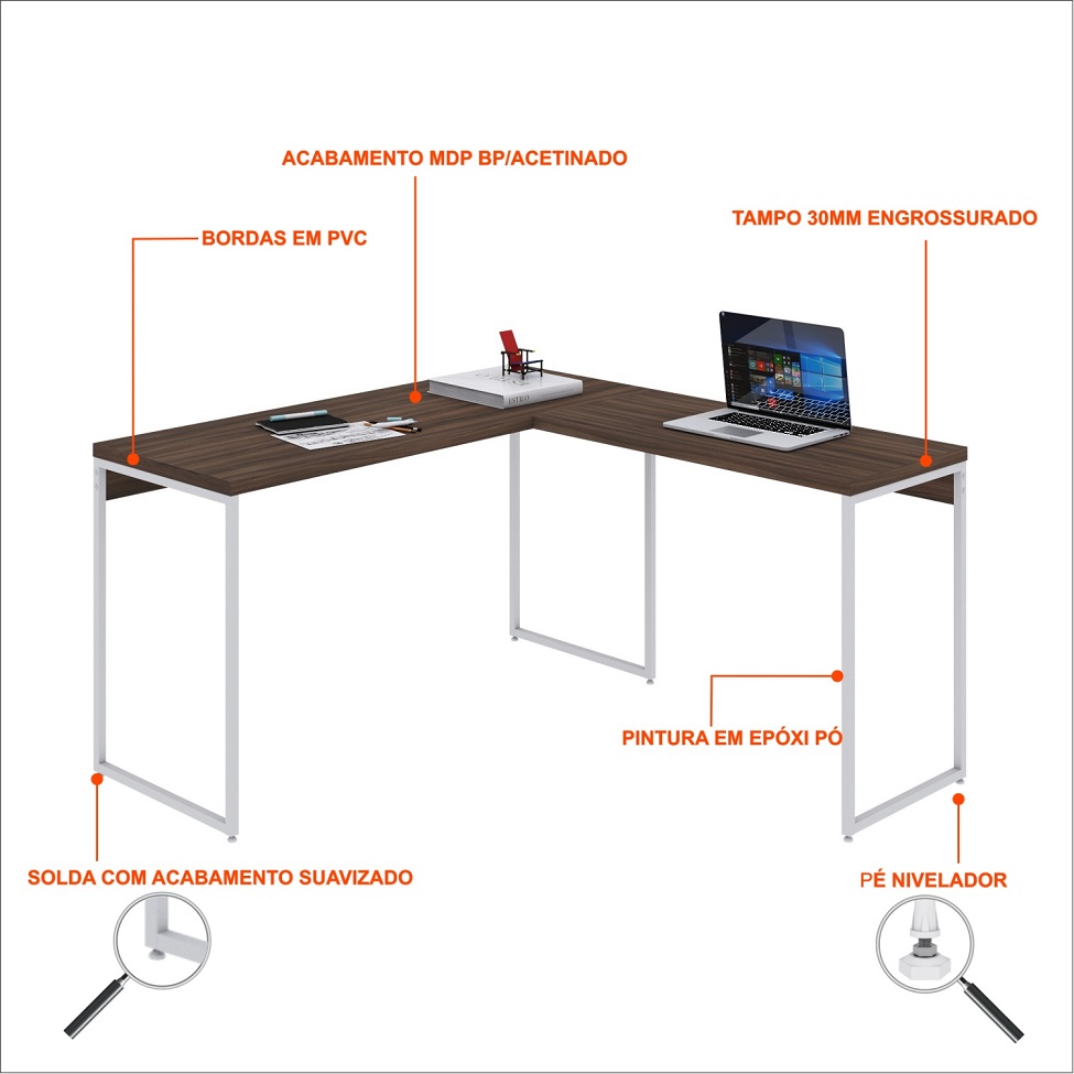 Mesa de Escritório em L Studio Nogal e Branca 135x140 cm