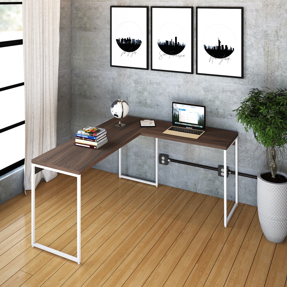 Mesa de Escritório em L Studio Nogal e Branca 150x140 cm