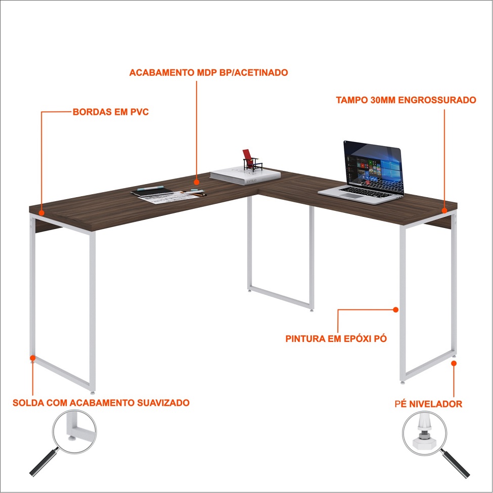 Mesa de Escritório em L Studio Nogal e Branca 150x140 cm