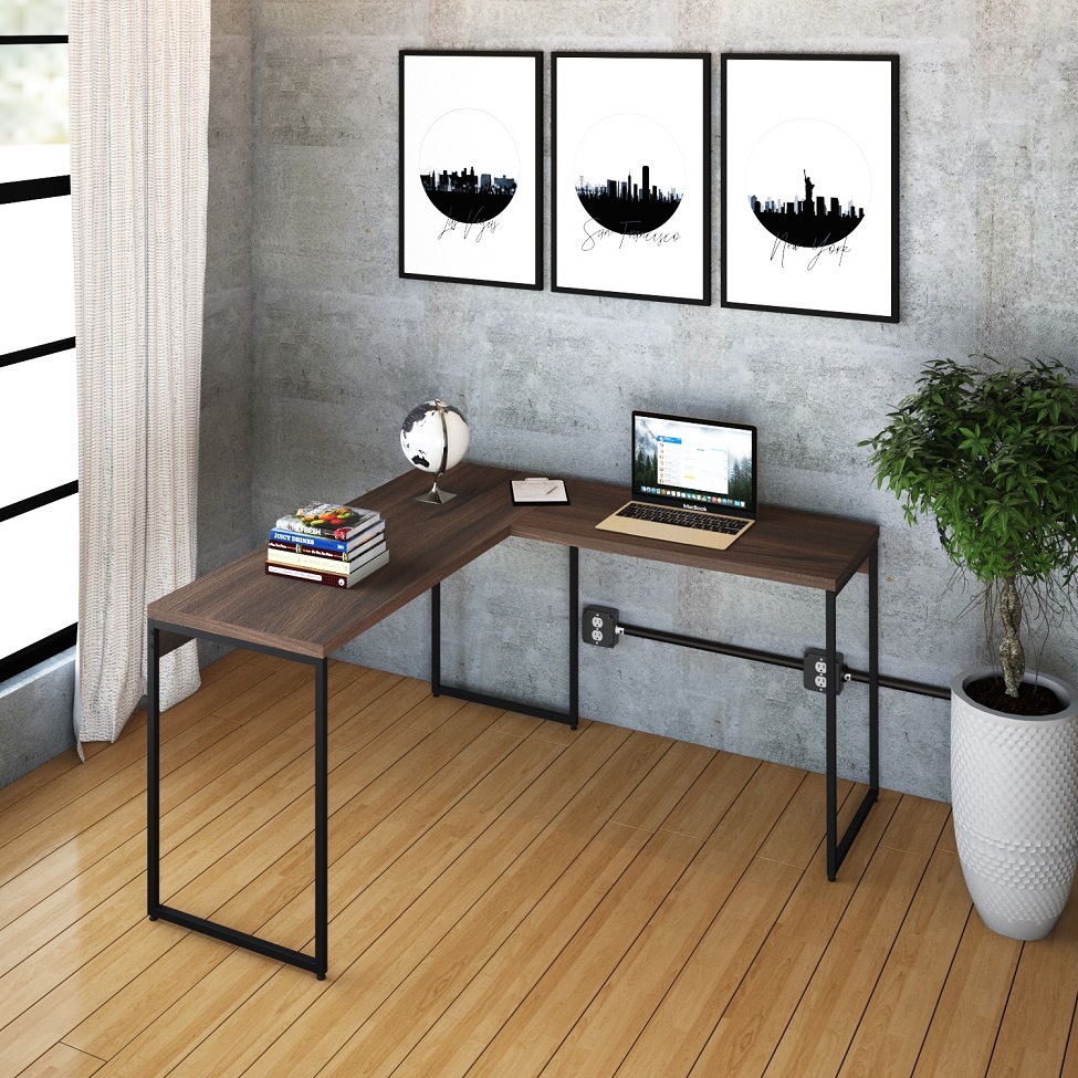 Mesa de Escritório em L Studio Nogal e Preta 135x140 cm