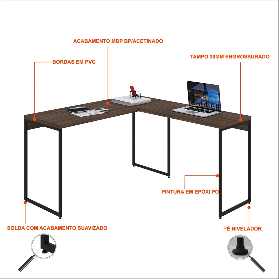 Mesa de Escritório em L Studio Nogal e Preta 135x140 cm
