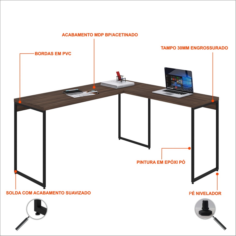 Mesa de Escritório em L Studio Nogal e Preta 150x140 cm
