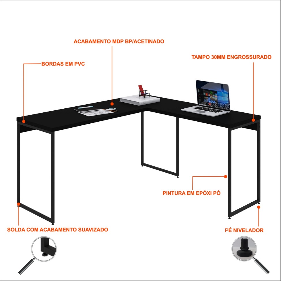 Mesa de Escritório em L Studio Preta 150x140 cm