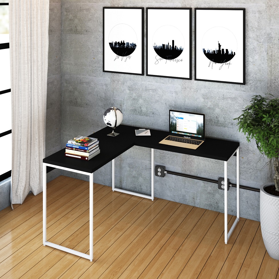 Mesa de Escritório em L Studio Preta e Branca 120x140 cm