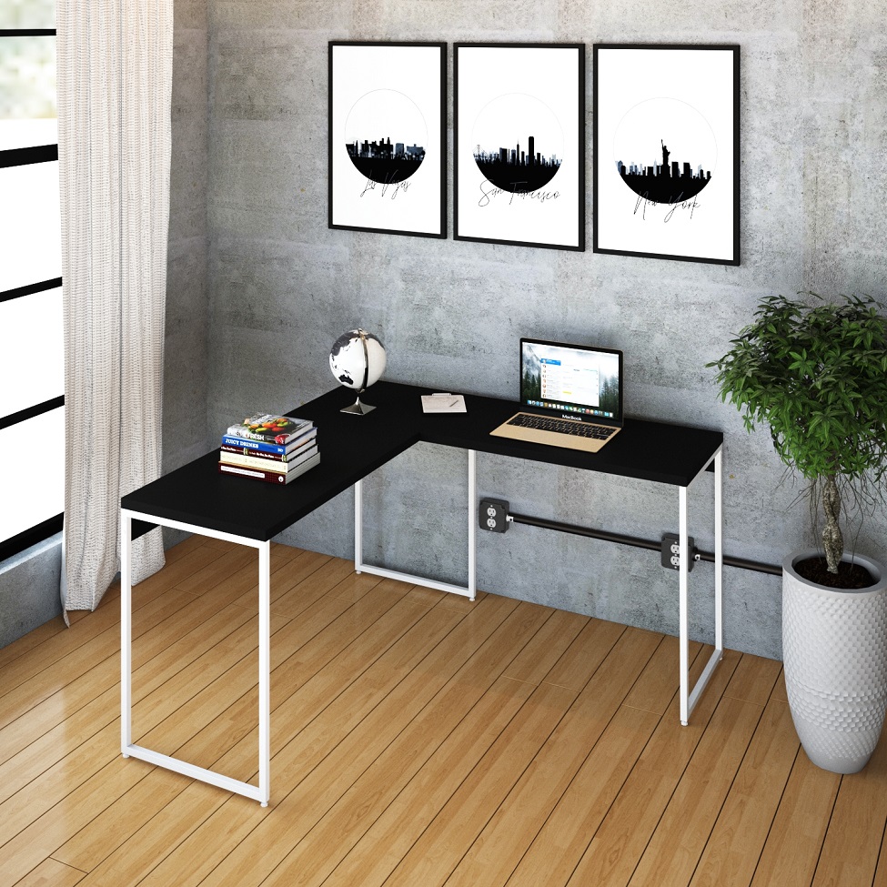Mesa de Escritório em L Studio Preta e Branca 135x140 cm