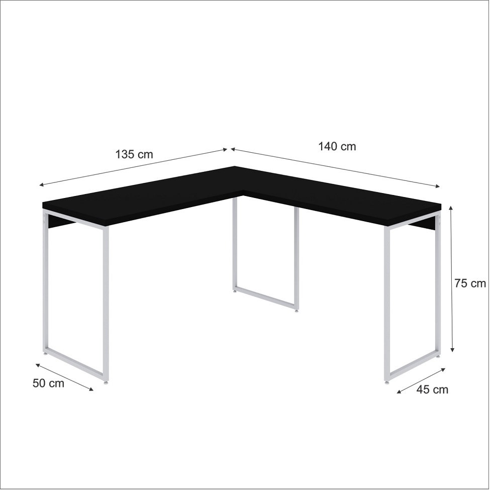 Mesa de Escritório em L Studio Preta e Branca 135x140 cm