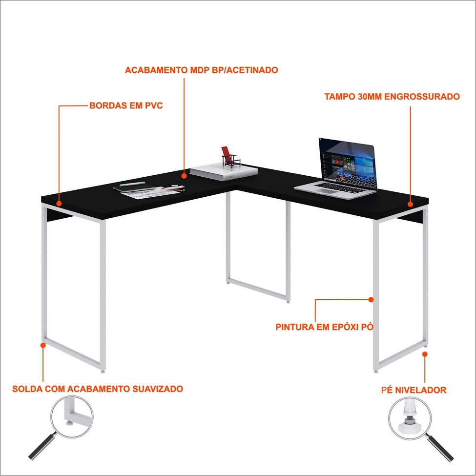 Mesa de Escritório em L Studio Preta e Branca 135x140 cm