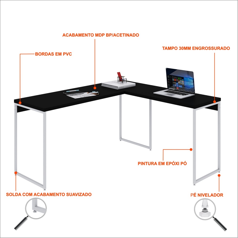 Mesa de Escritório em L Studio Preta e Branca 150x140 cm