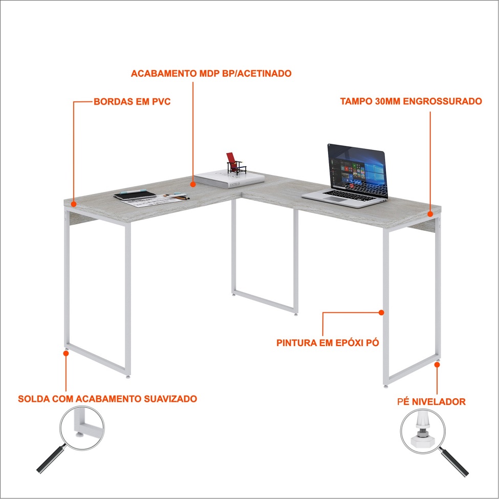 Mesa de Escritório em L Studio Snow e Branca 120x140 cm