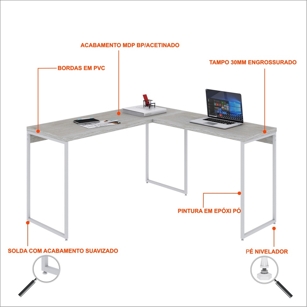 Mesa de Escritório em L Studio Snow e Branca 135x140 cm