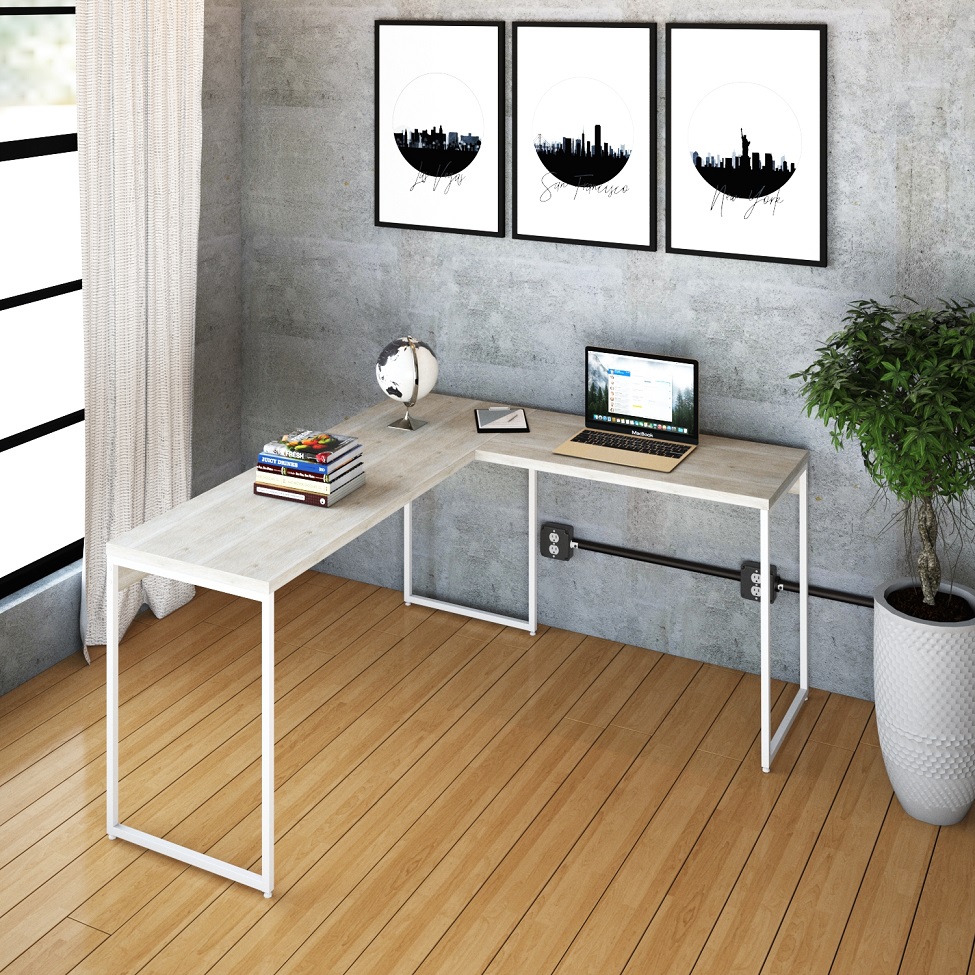 Mesa de Escritório em L Studio Snow e Branca 150x140 cm
