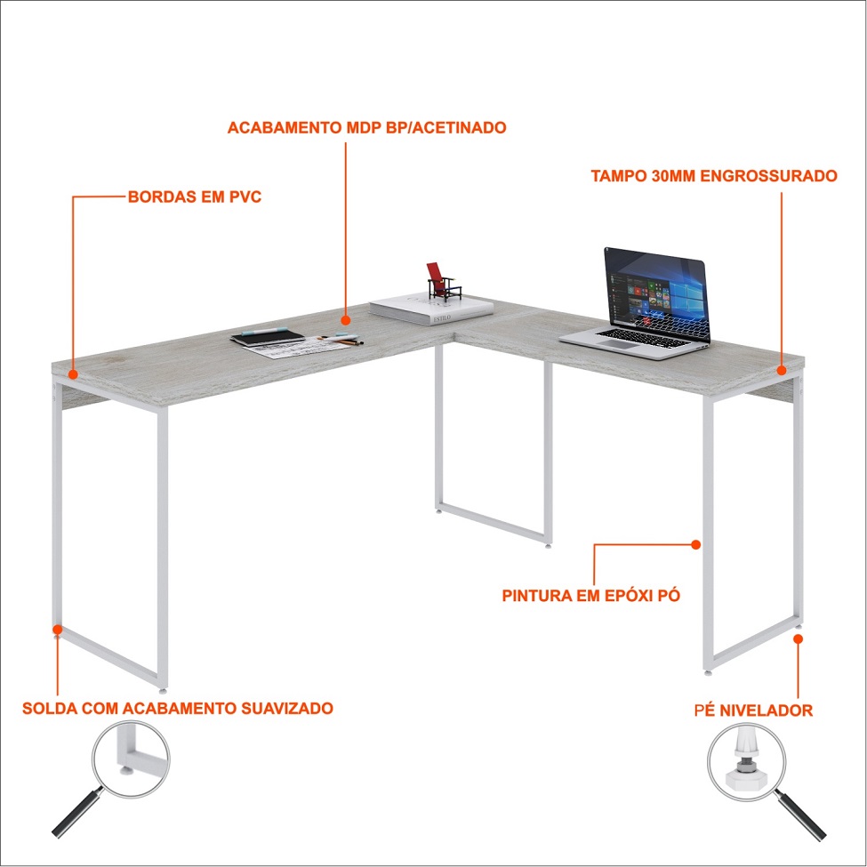 Mesa de Escritório em L Studio Snow e Branca 150x140 cm