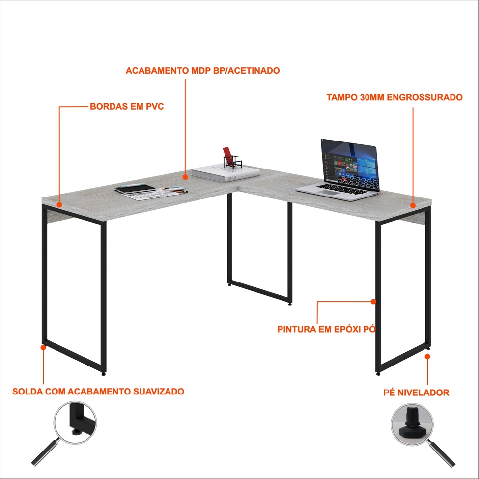 Mesa de Escritório em L Studio Snow e Preta 135x140 cm