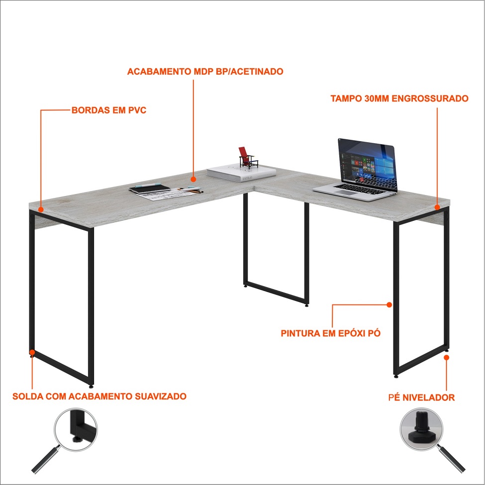 Mesa de Escritório em L Studio Snow e Preta 150x140 cm