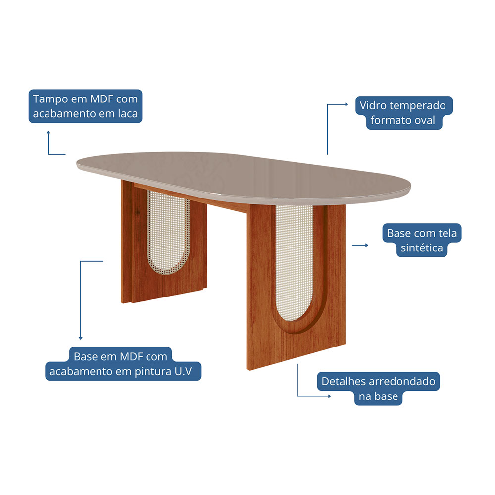 Mesa de Jantar Oval com Tampo de Vidro Valentina Cinamomo e Off White 210 cm