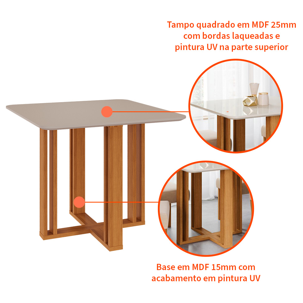 Mesa de Jantar Quadrada Flora Off White e Nature 94 cm