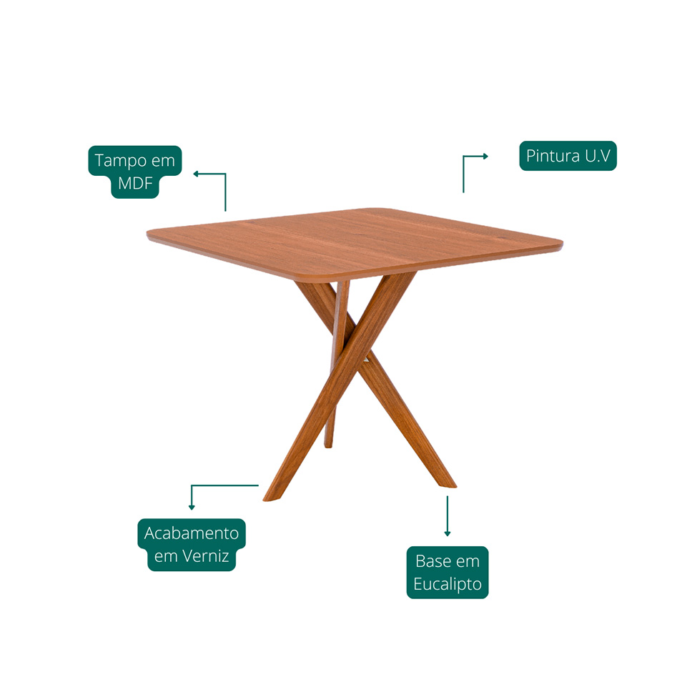 Mesa de Jantar Quadrada com Tampo MDF Cacau Cinamomo e Madeira 95 cm