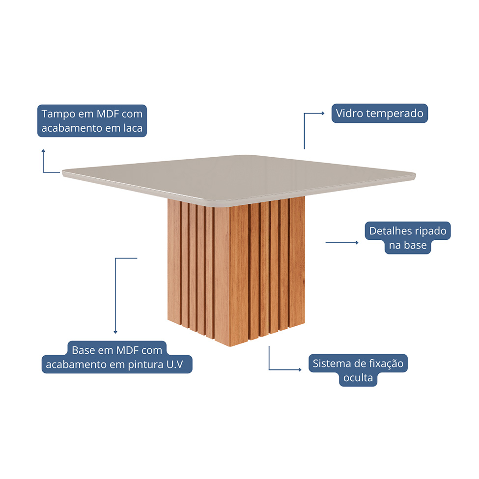 Mesa de Jantar Quadrada com Tampo de Vidro Ana Off White e Cinamomo 130 cm