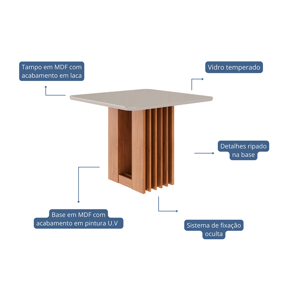 Mesa de Jantar Quadrada com Tampo de Vidro Ariela Off White e Cinamomo 95 cm