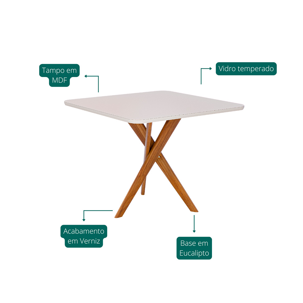 Mesa de Jantar Quadrada com Tampo de Vidro Cacau Off White e Madeira 95 cm