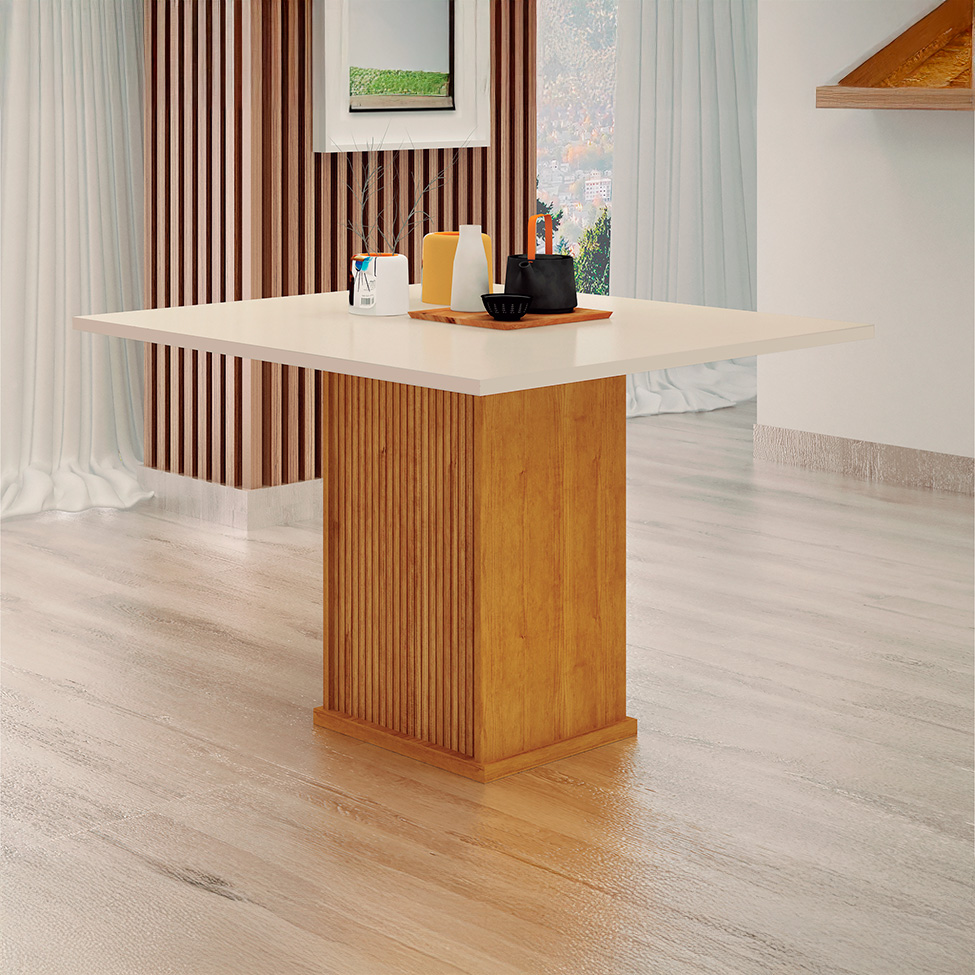 Mesa de Jantar Quadrada com Tampo de Vidro Napoli 100% MDF Off White e Freijó 90 cm
