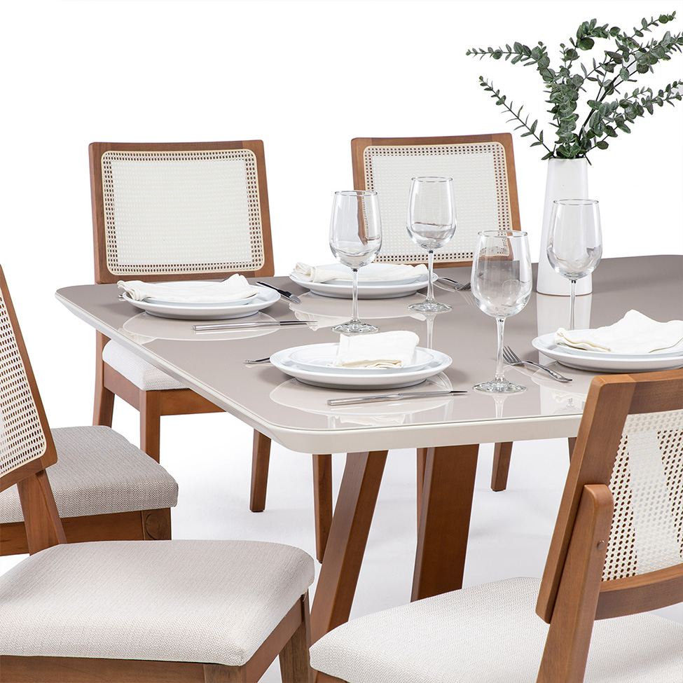 Mesa de Jantar Quadrada com Tampo de Vidro Off White Bennett Natural 135 cm