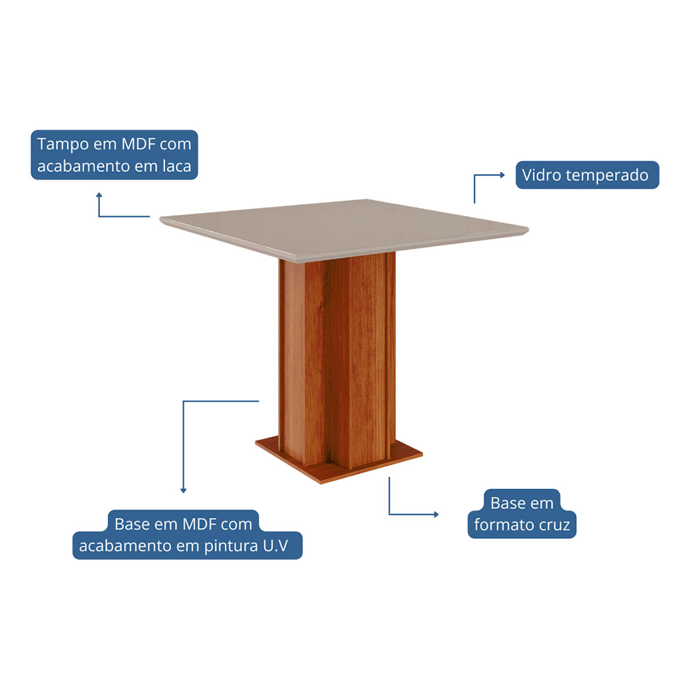 Mesa de Jantar Quadrada com Tampo de Vidro Sophia Cinamomo e Off White 95 cm