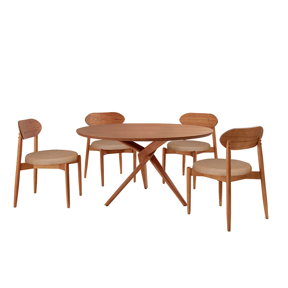 Mesa de Jantar Redonda com Tampo Laminado e 4 Cadeiras Miami Madeira Maciça Linho Bege e Imbuia