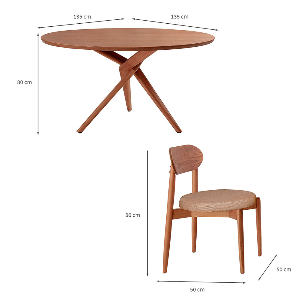 Mesa de Jantar Redonda com Tampo Laminado e 4 Cadeiras Miami Madeira Maciça Linho Bege e Imbuia