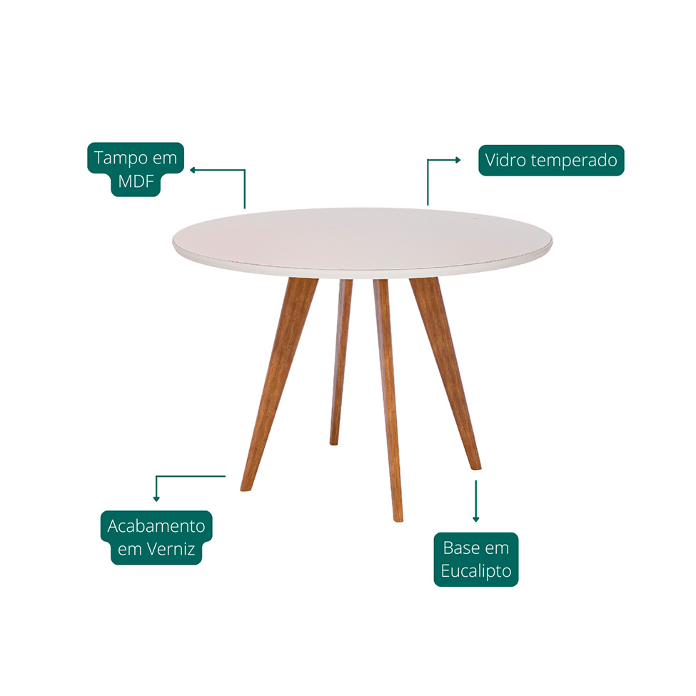 Mesa de Jantar Redonda com Tampo de Vidro Acerola Off White e Madeira 109 cm