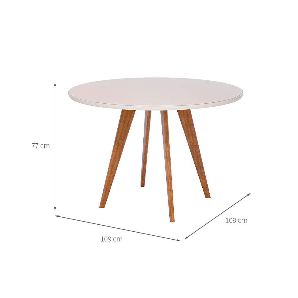 Mesa de Jantar Redonda com Tampo de Vidro Acerola Off White e Madeira 109 cm