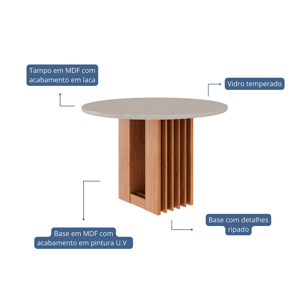 Mesa de Jantar Redonda com Tampo de Vidro Ariela Off White e Cinamomo 109 cm