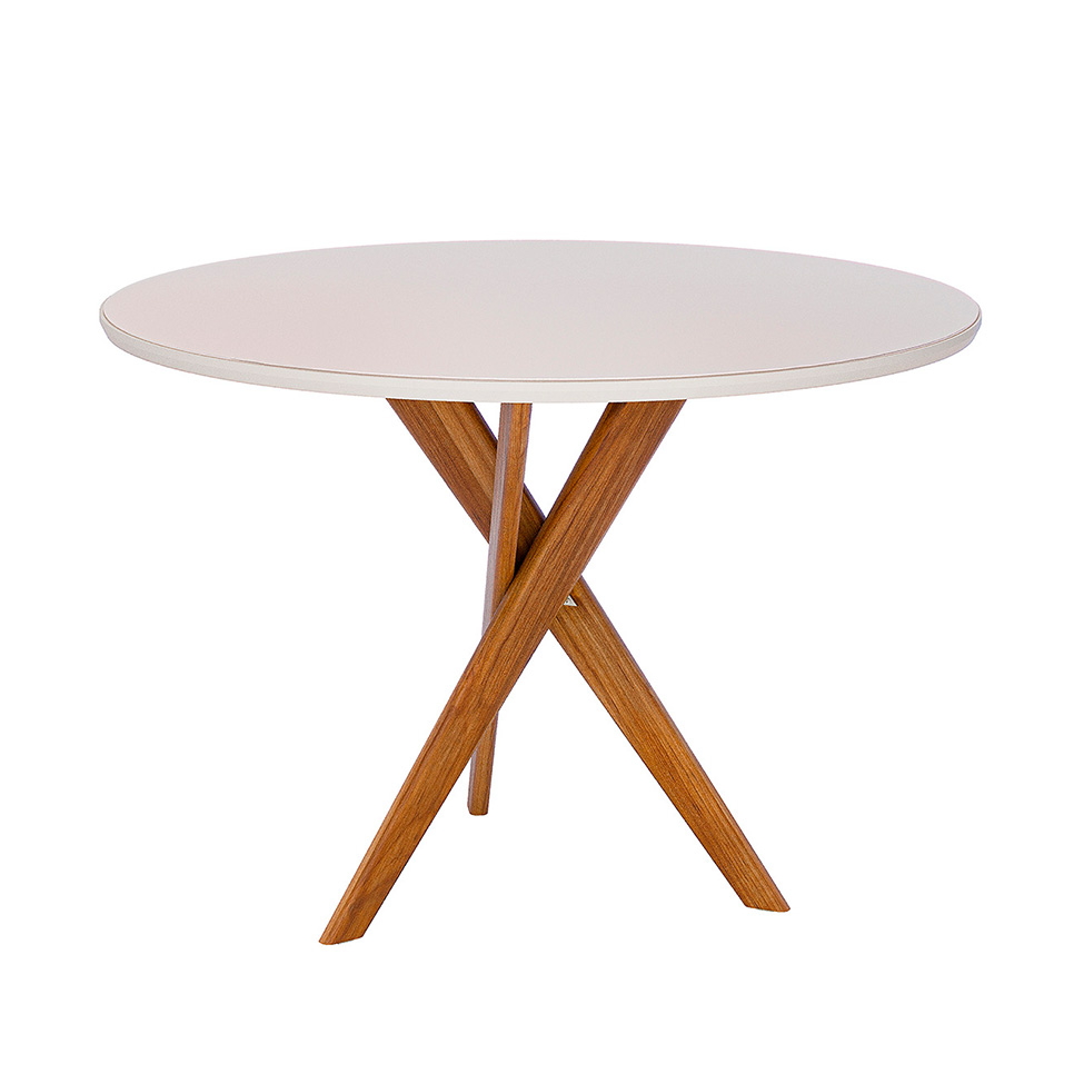 Mesa de Jantar Redonda com Tampo de Vidro Cacau Off White e Madeira 109 cm
