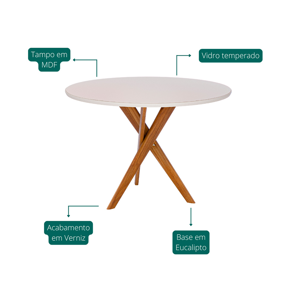Mesa de Jantar Redonda com Tampo de Vidro Cacau Off White e Madeira 109 cm