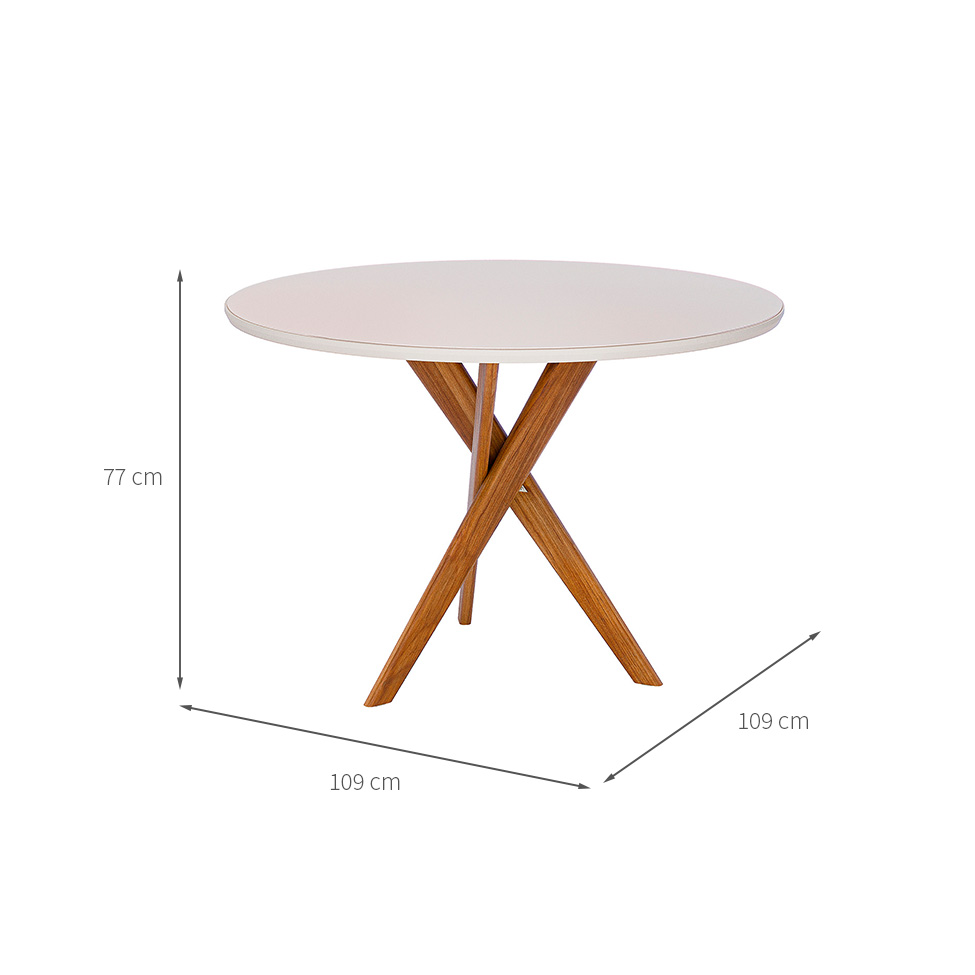 Mesa de Jantar Redonda com Tampo de Vidro Cacau Off White e Madeira 109 cm